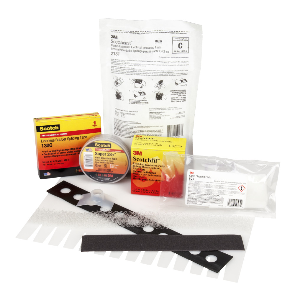 3M™ Sheath Seal Kit is used to seal the sheath area for multi conductor cables with or without ground wires. This kit includes 1 wraparound mold body, 2 bags 3M Scotchcast™ Flame Retardant Compound 2131, 1 3M Three M Ite™ Elek Tro Cut™ Abrasive Cloth, 1 roll Scotch Super 33+™ Vinyl Electrical Tape, 2 rolls Scotch Linerless Rubber Splice Tape 130C and 3M Scotchfil™ Electrical Insulation Putty.