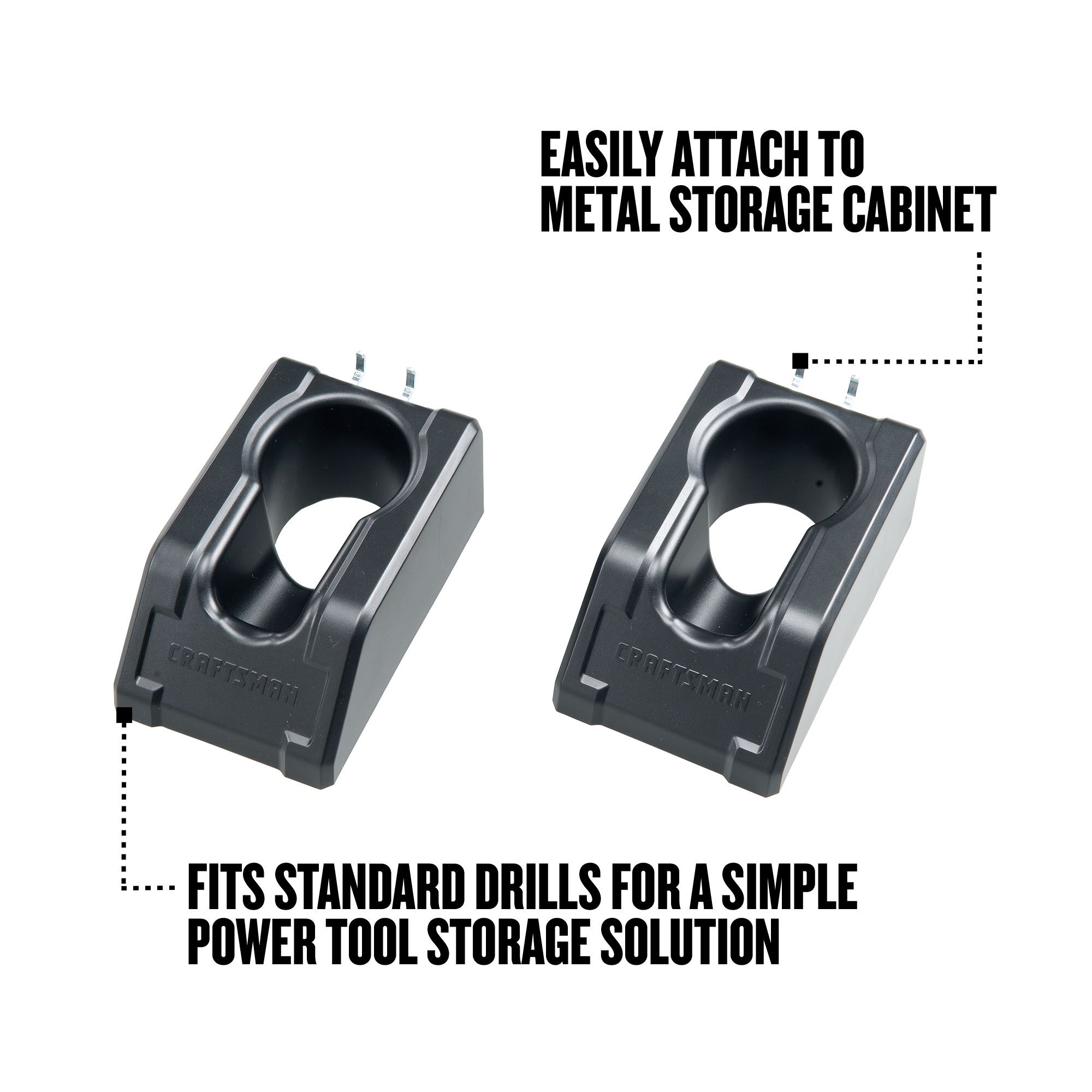 Walk-around graphic of product highlighting they easily attach to metal storage cabinets, fits standard drills