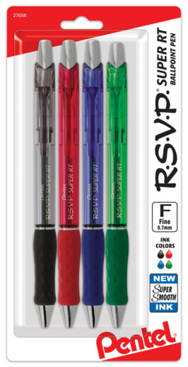 Pentel R.S.V.P. Super RT Ballpoint Pen - 4 pack (black, red, blue, green)