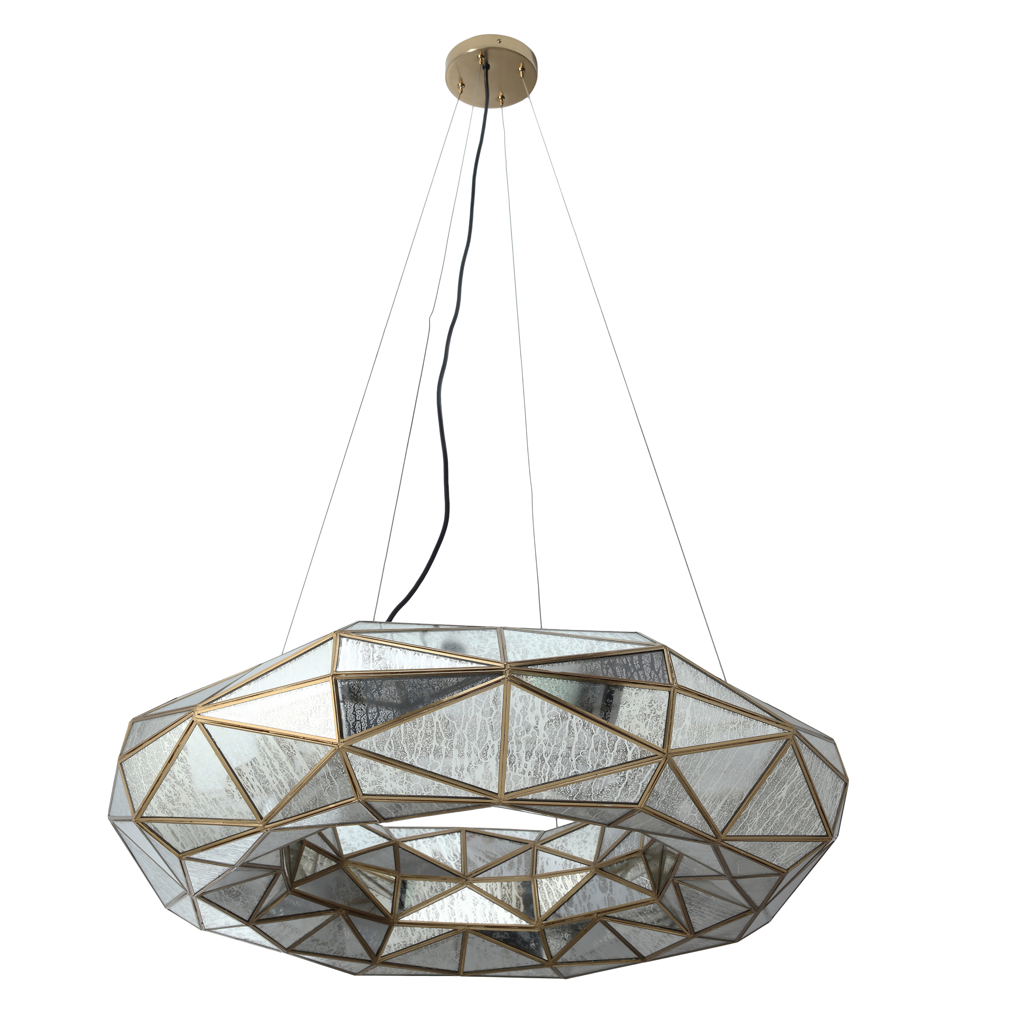 The Geo-Gem pendant combines geometric sophistication with artisanal warmth. Eight mercury pane glass shades create dramatic light reflection while the artisan brass finish adds luxurious depth. At 36 inches wide, this fixture commands attention. - alternate view