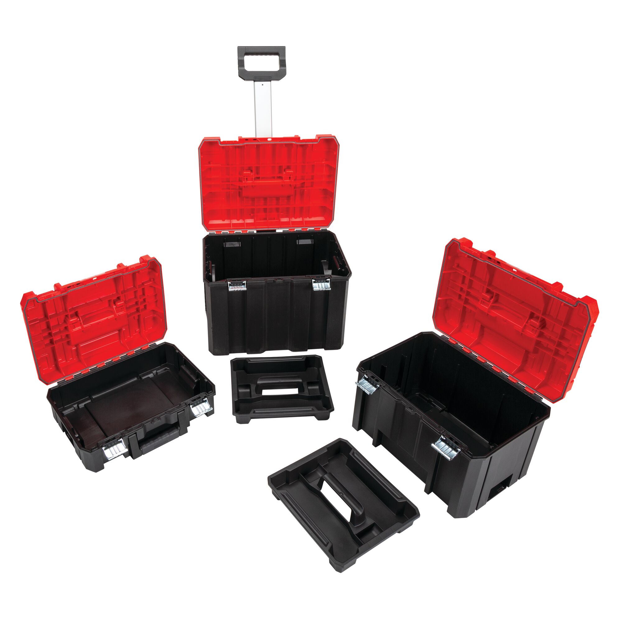 Bi material top handle feature of Versastack system 20 inch red plastic wheeled lockable tool box.