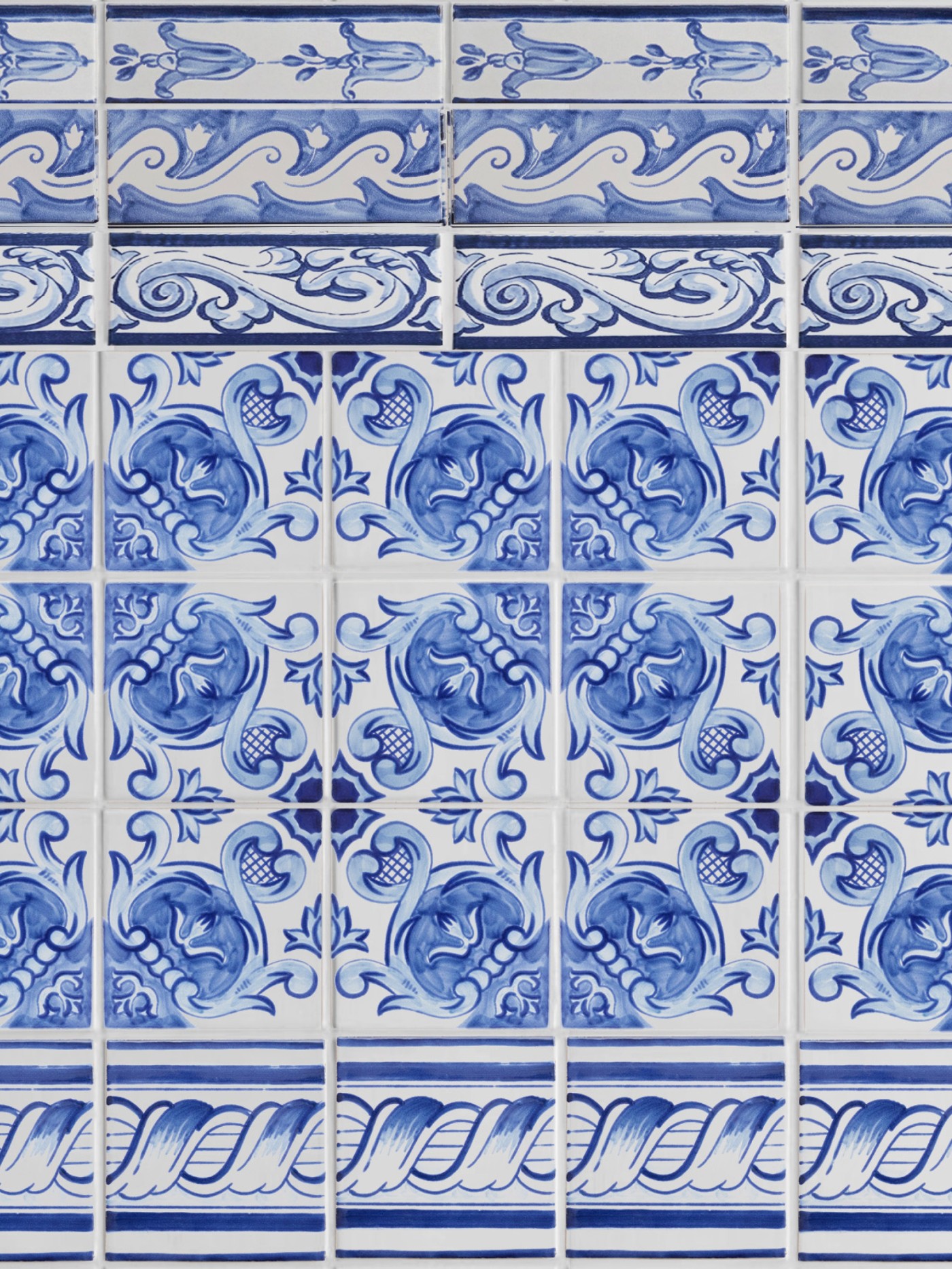 blue and white tiles with ornate designs.