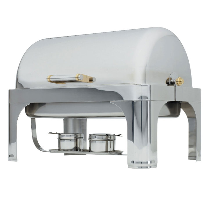 Full-size 9-quart New York, New York® rectangular countertop chafer with a roll-top dome cover, standard water pan and brass trim