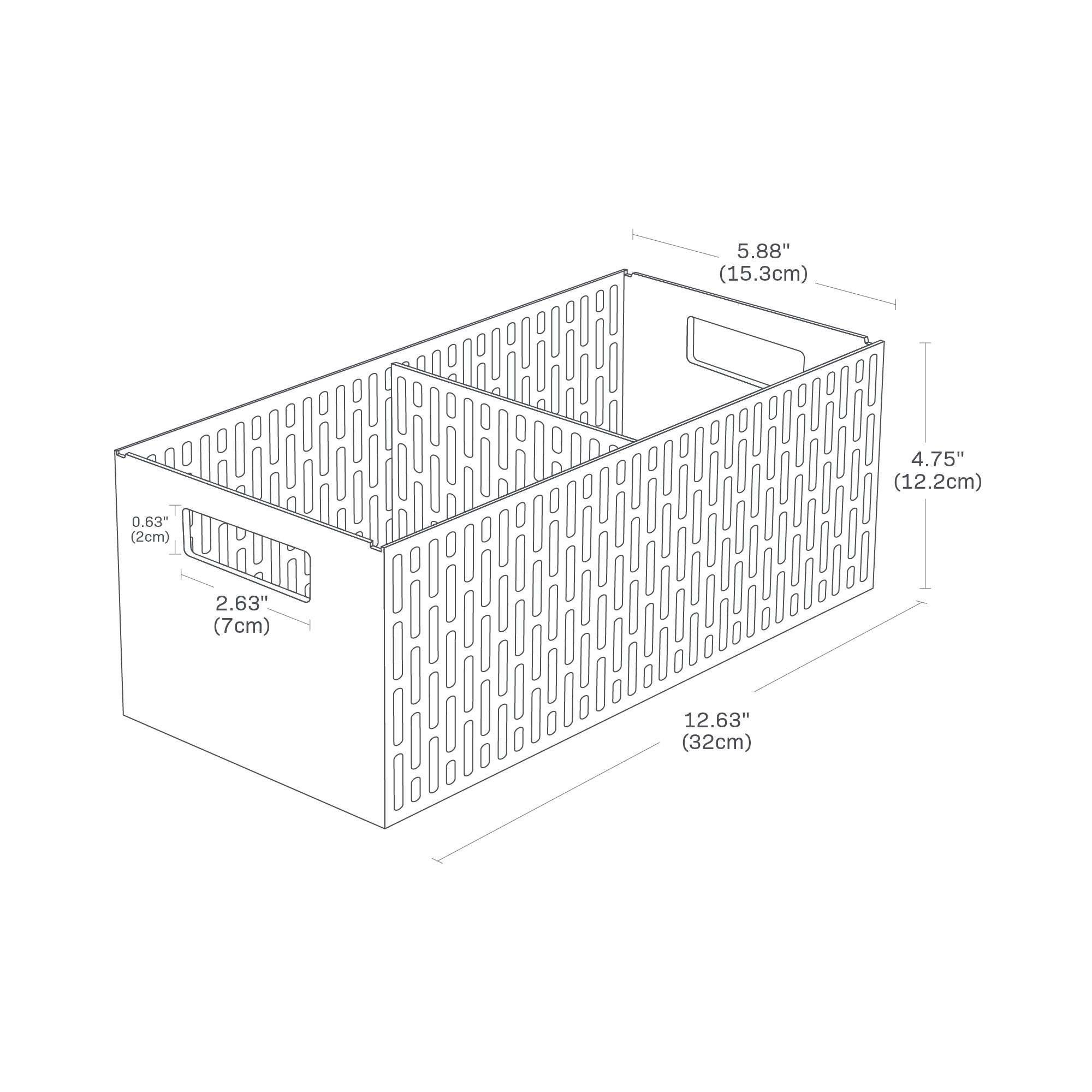 Dimension image for Stackable Vegetable Stocker showing a total length of 12.63 inches, width of 5.88 inches, height of 4.75 inches. Handle height and length are 0.63 inches and 2.63 inches respectively.