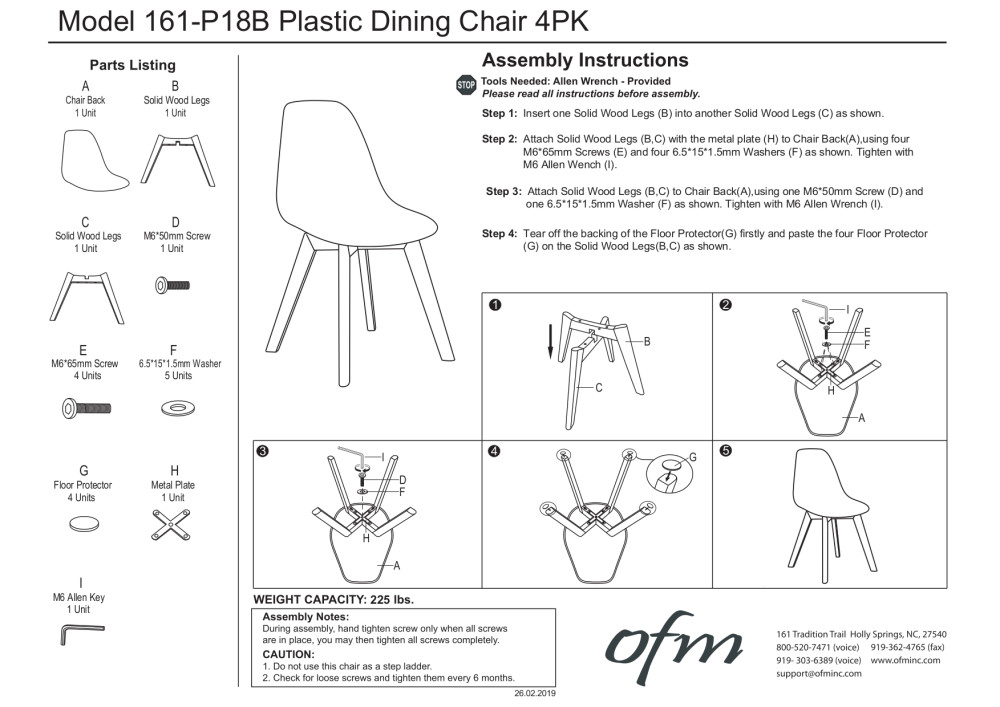 OFM Mid Century 4 Modern Plastic Molded Dining Chairs, Beechwood Legs