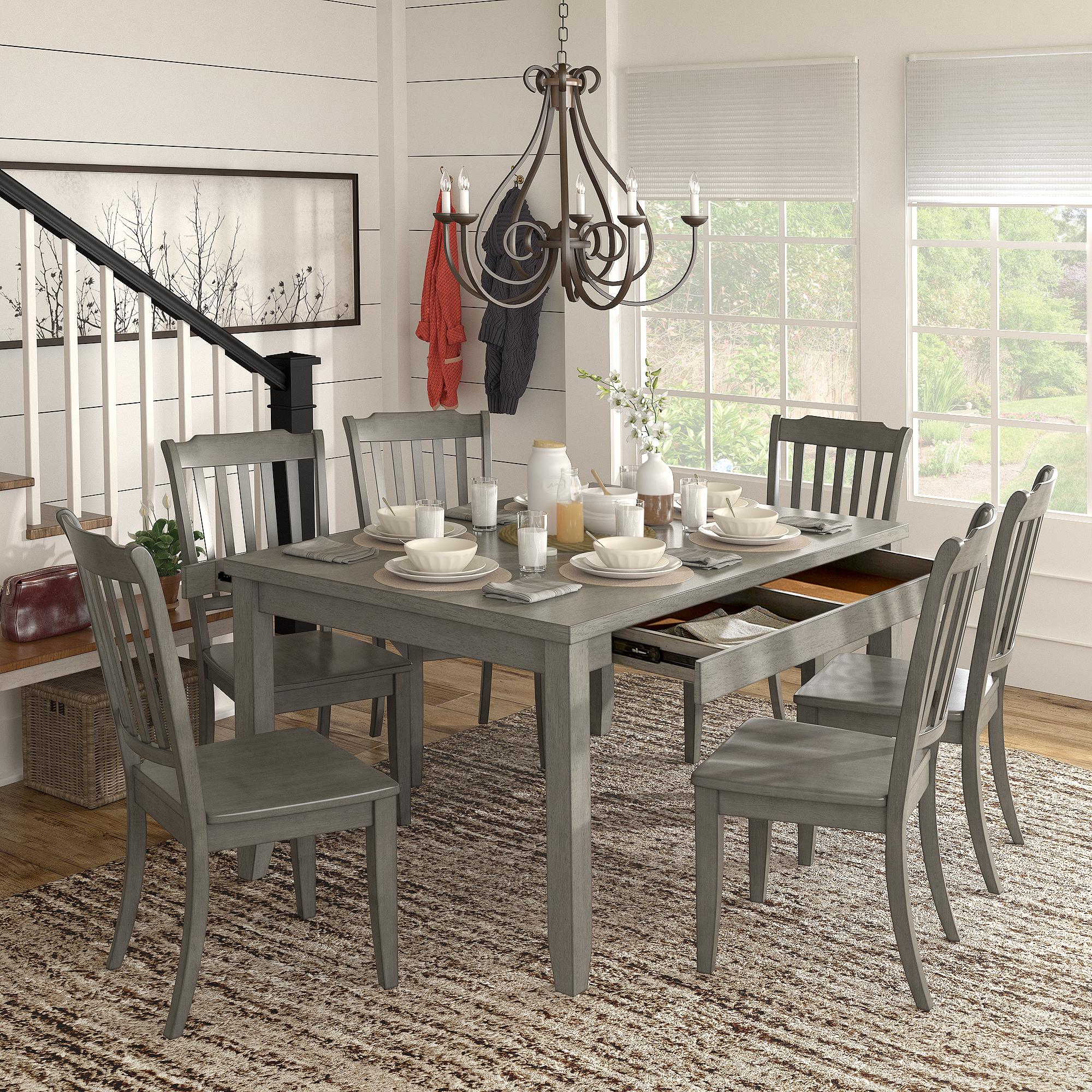 Wood 7-Piece Dining Set with Two Drawers