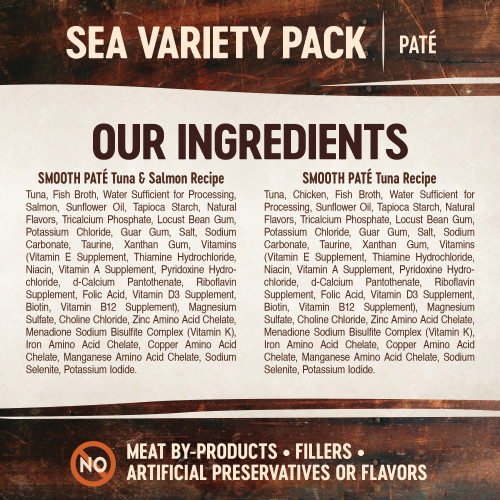 <p>Tuna: Tuna, Chicken, Fish Broth, Water Sufficient for Processing, Sunflower Oil, Tapioca Starch, Natural Flavors, Tricalcium Phosphate, Locust Bean Gum, Potassium Chloride, Guar Gum, Salt, Sodium Carbonate, Taurine, Xanthan Gum, Vitamins (Vitamin E Supplement, Thiamine Hydrochloride, Niacin, Vitamin A Supplement, Pyridoxine Hydrochloride, d-Calcium Pantothenate, Riboflavin Supplement, Folic Acid, Vitamin D3 Supplement, Biotin, Vitamin B12 Supplement), Magnesium Sulfate, Choline Chloride, Zinc Amino Acid Chelate, Menadione Sodium Bisulfite Complex (Vitamin K), Iron Amino Acid Chelate, Copper Amino Acid Chelate, Manganese Amino Acid Chelate, Sodium Selenite, Potassium Iodide.</p>
<p>Tuna & Salmon: Tuna, Fish Broth, Water Sufficient for Processing, Salmon, Sunflower Oil, Tapioca Starch, Natural Flavors, Tricalcium Phosphate, Locust Bean Gum, Potassium Chloride, Guar Gum, Salt, Sodium Carbonate, Taurine, Xanthan Gum, Vitamins (Vitamin E Supplement, Thiamine Hydrochloride, Niacin, Vitamin A Supplement, Pyridoxine Hydrochloride, d-Calcium Pantothenate, Riboflavin Supplement, Folic Acid, Vitamin D3 Supplement, Biotin, Vitamin B12 Supplement), Magnesium Sulfate, Choline Chloride, Zinc Amino Acid Chelate, Menadione Sodium Bisulfite Complex (Vitamin K), Iron Amino Acid Chelate, Copper Amino Acid Chelate, Manganese Amino Acid Chelate, Sodium Selenite, Potassium Iodide.</p>
