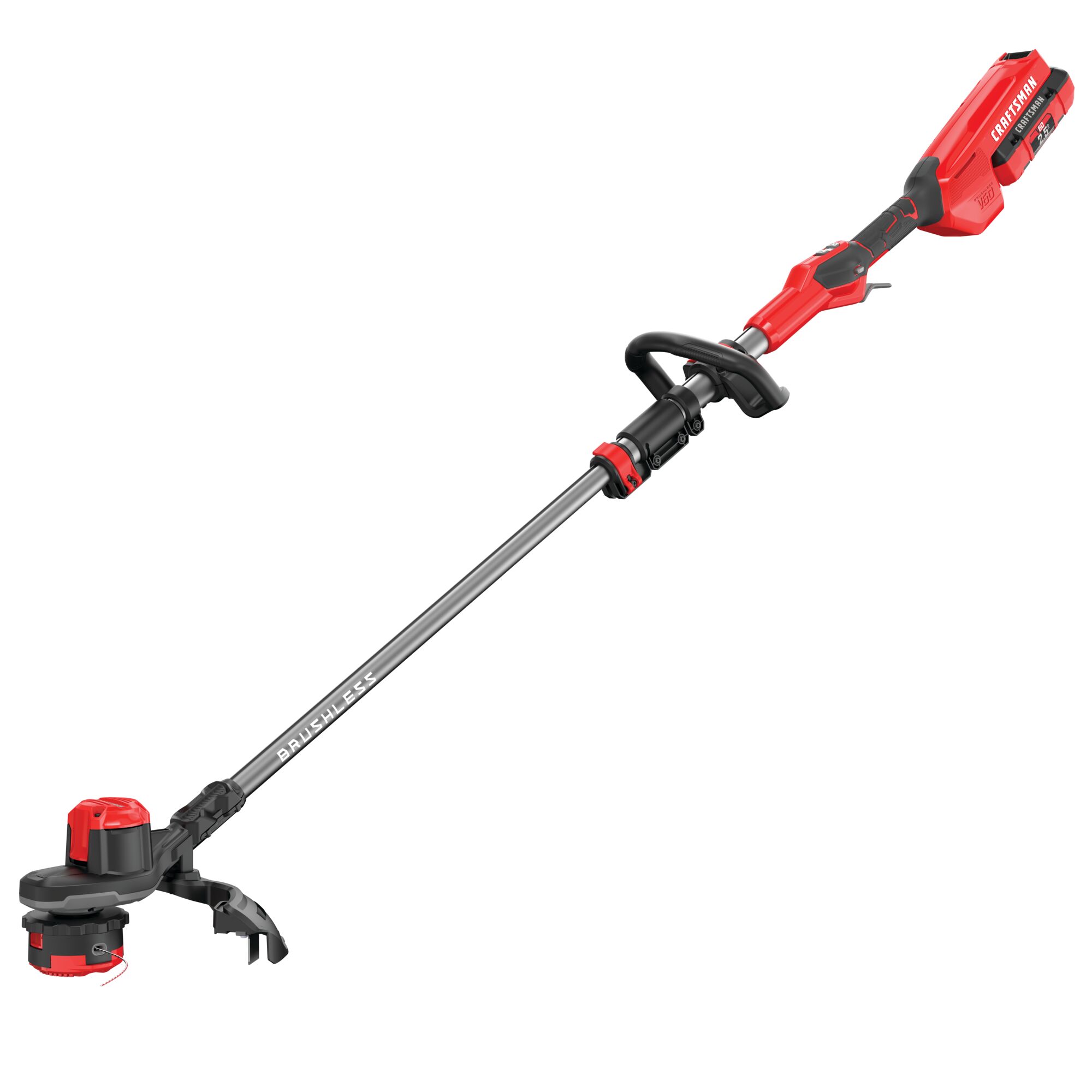 Left profile of 60 volt cordless 15 inch brushless weedwacker string trimmer with quickwind kit 2.5 ampere per hour.