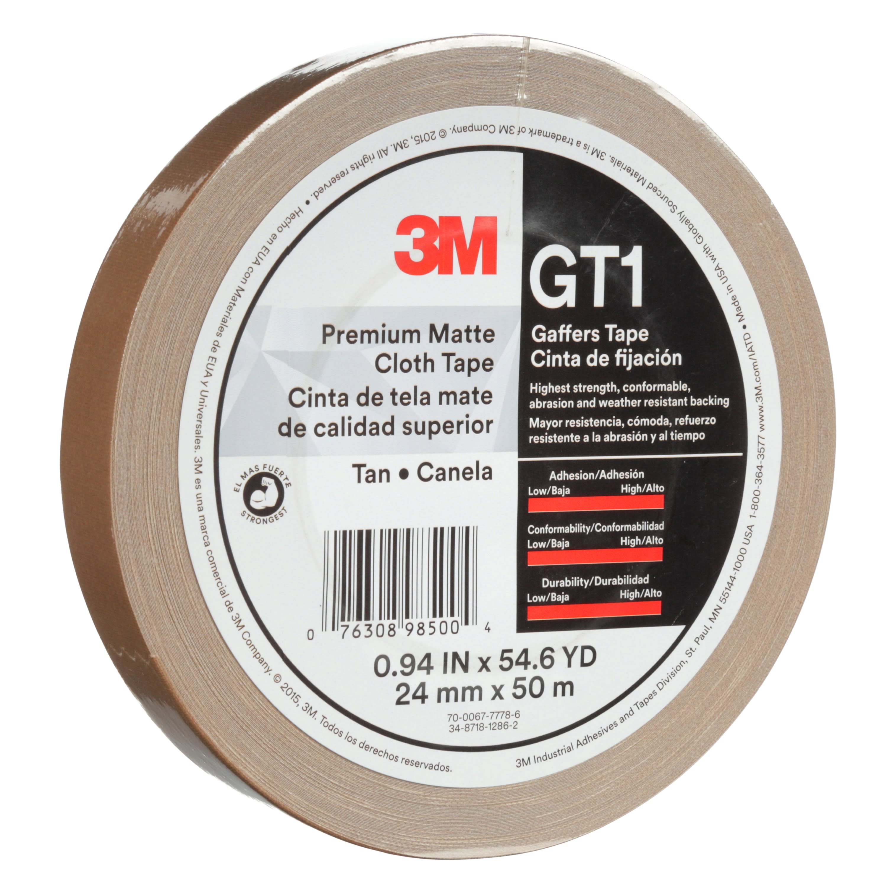 3M™ Premium Matte Cloth (Gaffers) Tape GT1, Tan, 24 mm x 50 m, 11 mil,
48 per case
