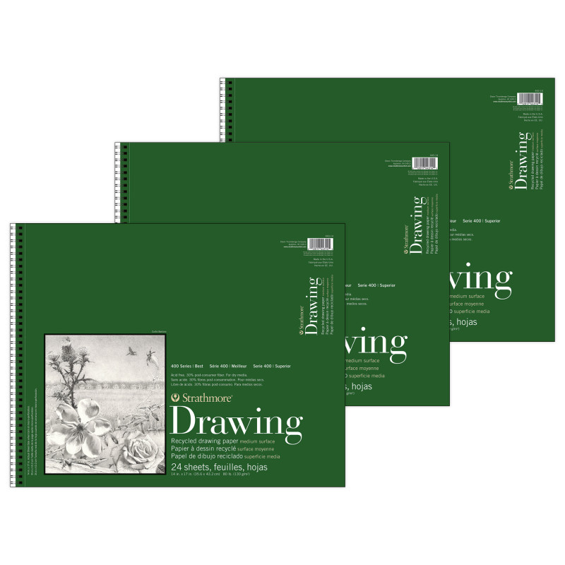 400 Series Drawing Pad, Recycled, Top Wire Binding, 24 Sheet, 14x17 inch, Pack of 3