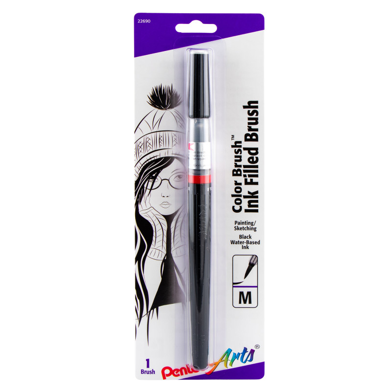 Color Brush with Water-Based Ink, Medium Tip, Black, 1-Pack