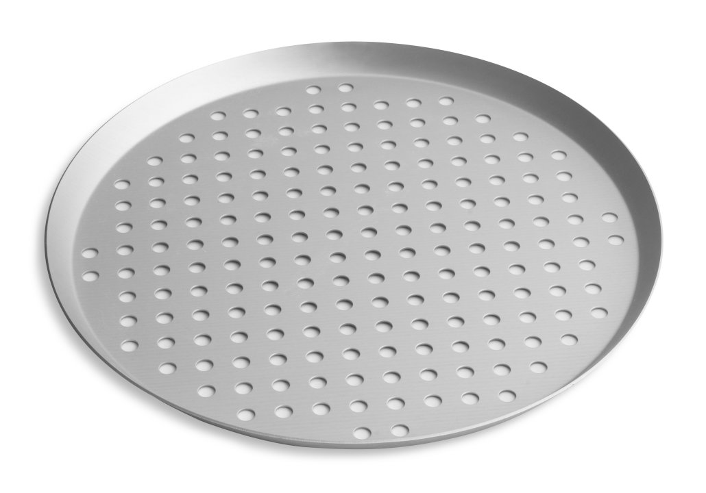 14-inch perforated press-cut pizza pan with Clear Coat anodized finish