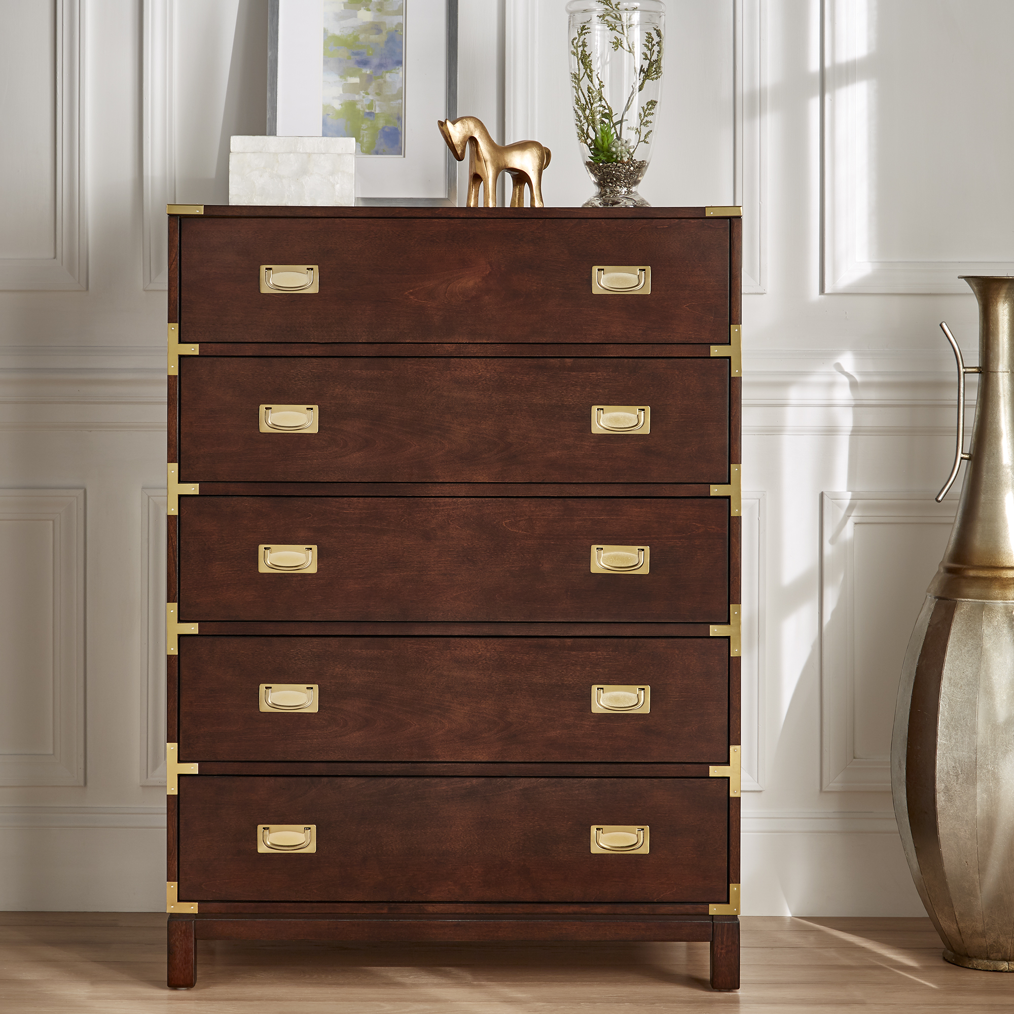 5-Drawer Gold Accent Campaign Chest