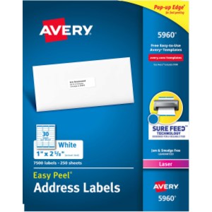 Printable Address Labels, 1" x 2-5/8", 7,500 Pack