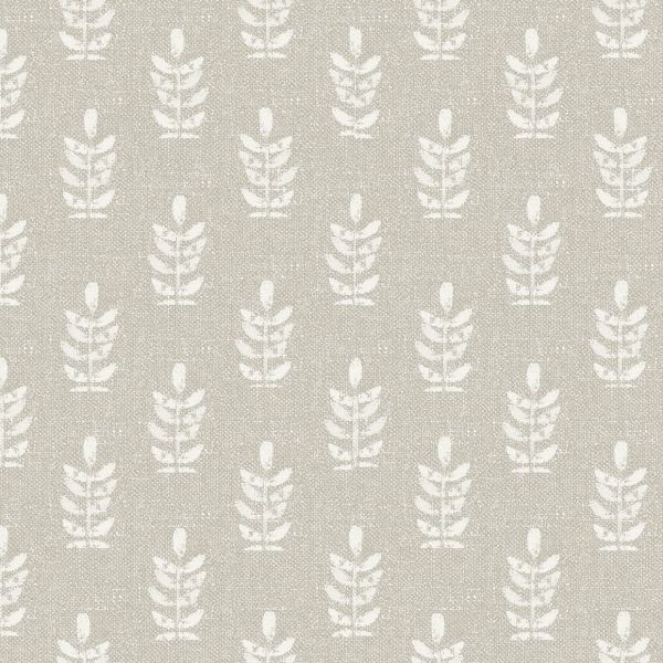 Textured wallpaper with white stylized leaf motifs arranged in a regular vertical grid, repeating across a gray-beige, slightly grainy surface under even, flat lighting.