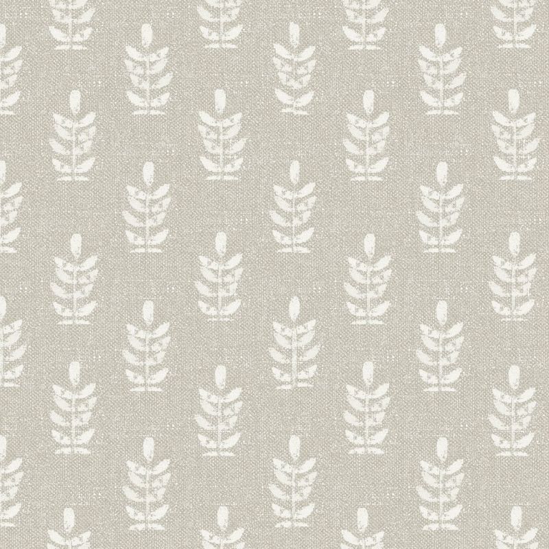 Textured wallpaper with white stylized leaf motifs arranged in a regular vertical grid, repeating across a gray-beige, slightly grainy surface under even, flat lighting.