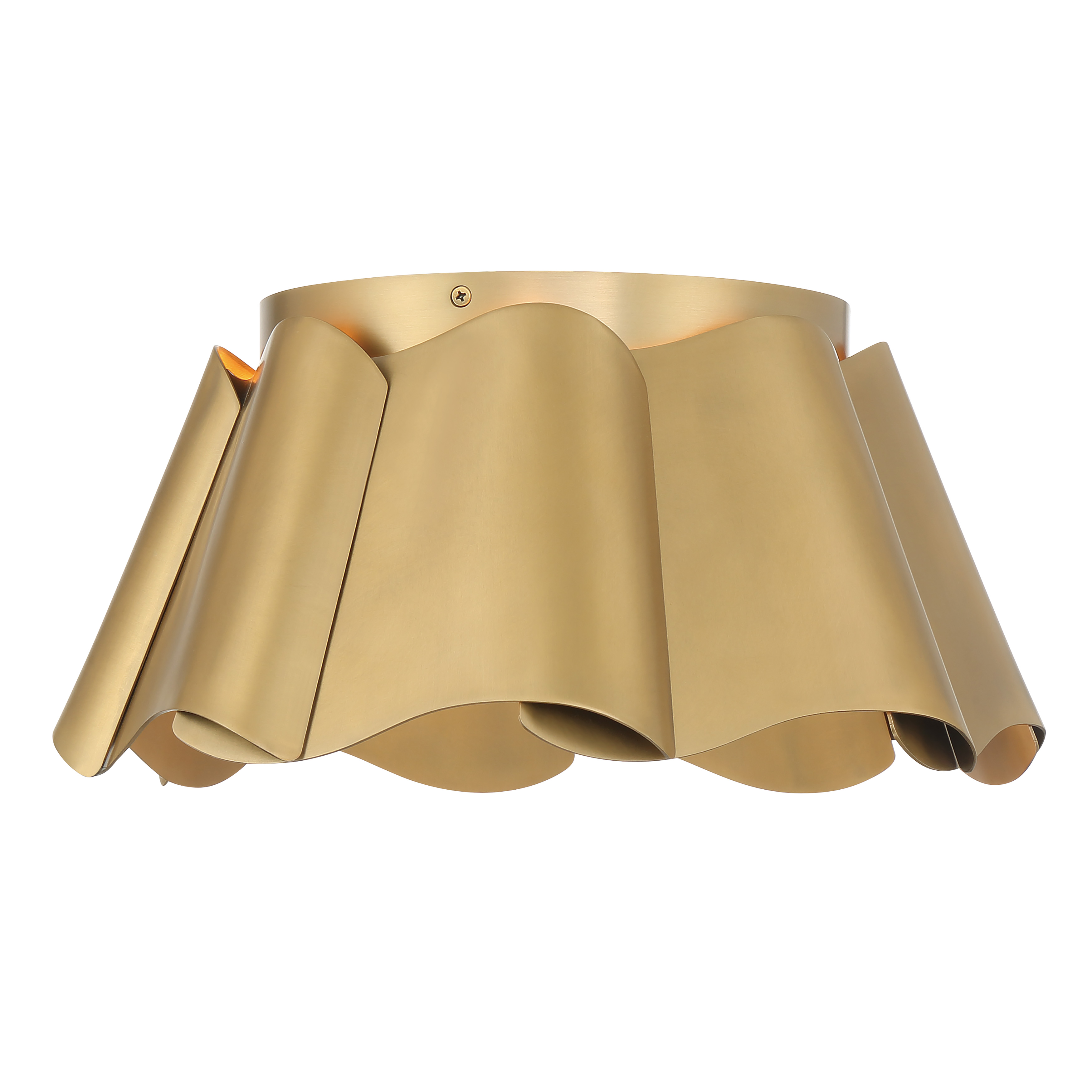 The Waveform flush mount combines timeless brass finish with soft etched glass for versatile lighting. Its compact 14" profile and low 6.75" height make it ideal for rooms with standard or lower ceilings. - alternate view