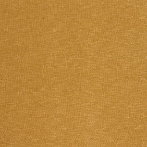 Plain mustard-yellow woven curtain hanging flat across the frame, closed; close-up of textured fabric in even indoor lighting, no visible window or furnishings.