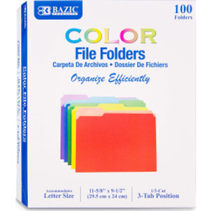 1/3 Cut Letter Size Color File Folder, Box of 100