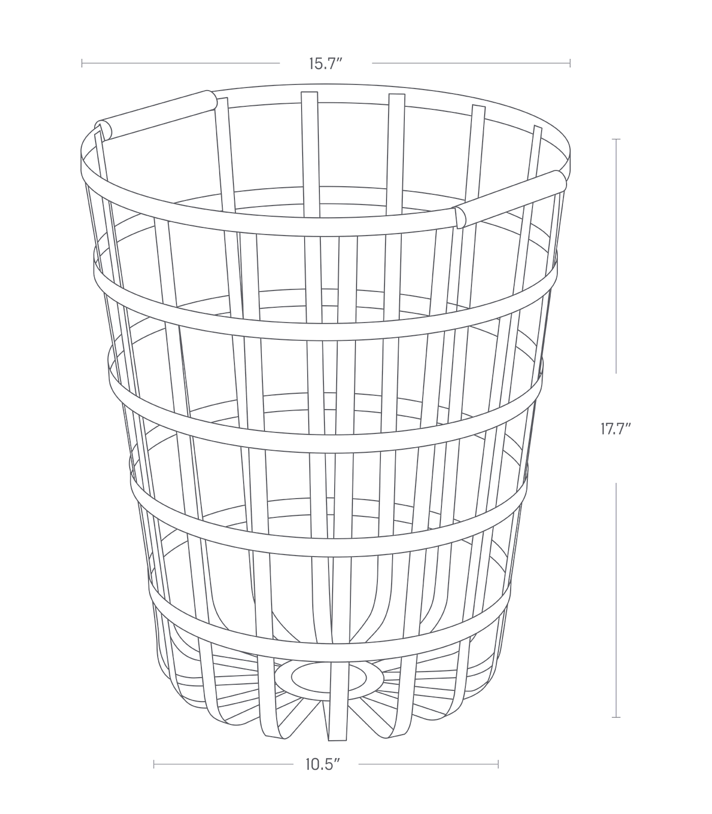Dimension image for Wire Basket showing total height of 17.7 inches, top width of 15.7 inches and bottom width of 10.5.
