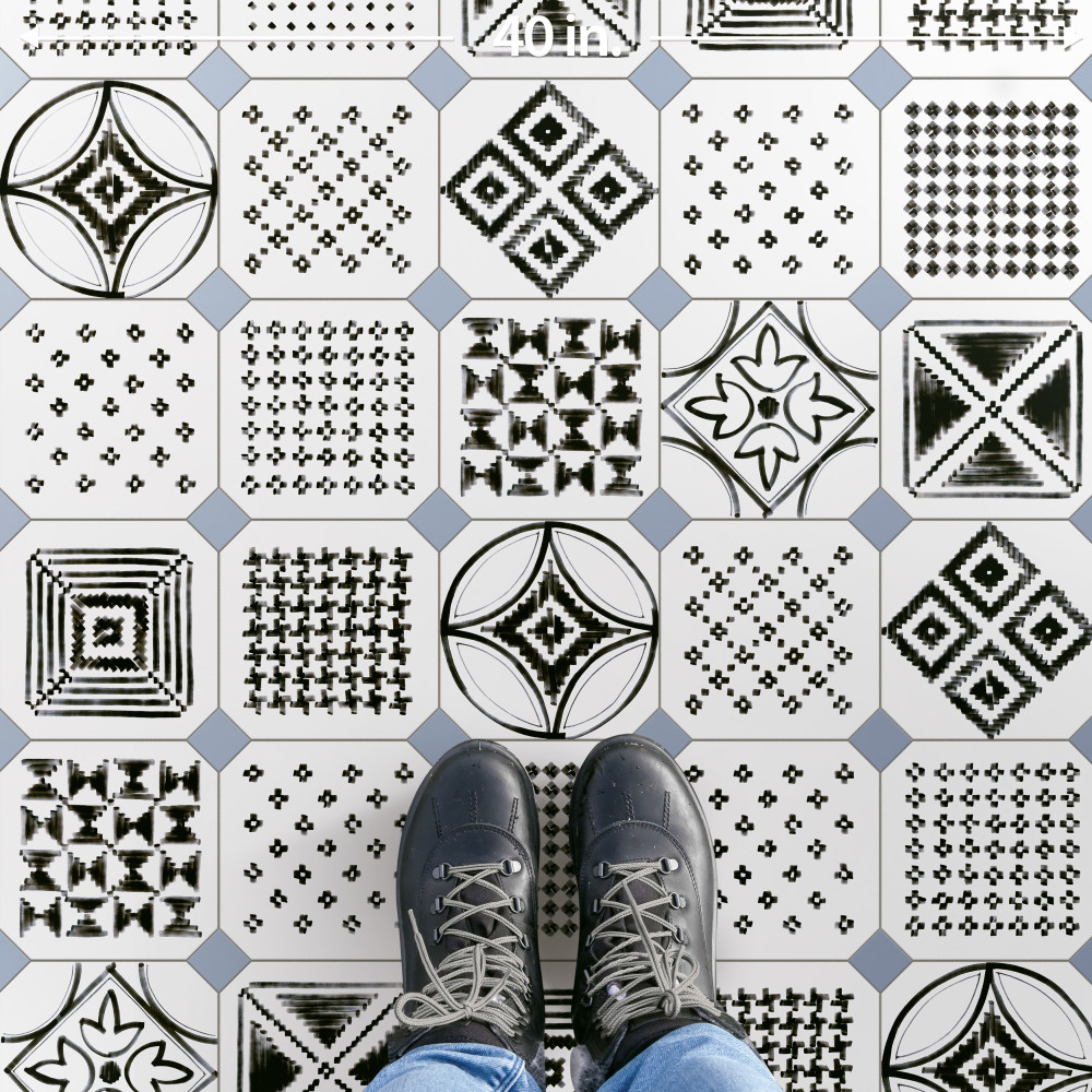 Vaudeville Octagon Deco Sombra with Taco Azzuro 7-7/8 in. x 7-7/8 in. Porcelain Floor and Wall Tile