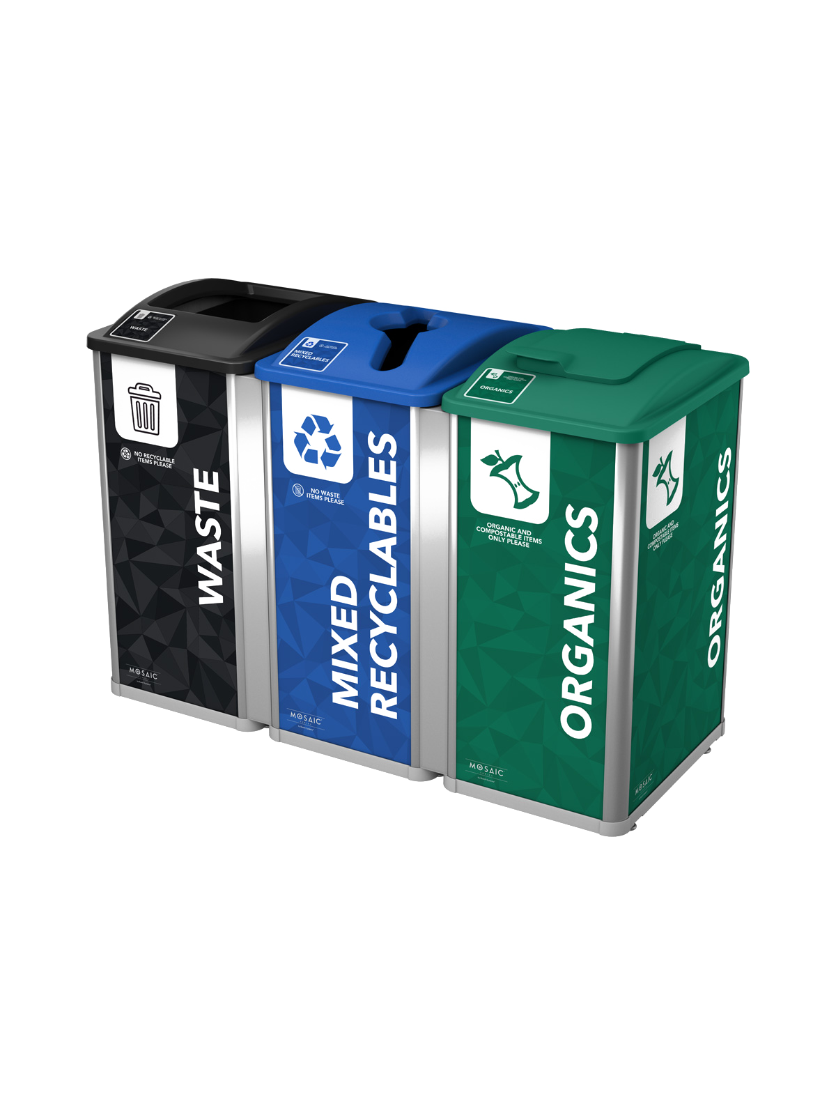MOSAIC – Triple – Kit – Waste-Recyclables-Organics – Full-Mixed-Solid Lift – Silver-Black-Blue-Green