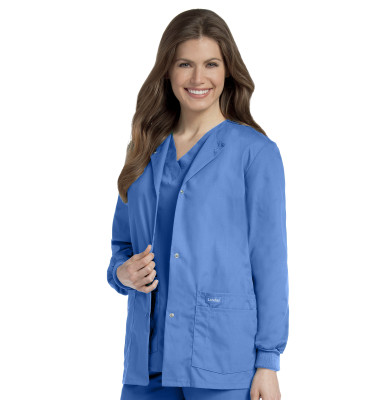 Landau Essentials 4 Pocket Scrub Jacket for Women: Classic Relaxed Fit, Crew Neck, Snap Front, and Knit Cuffs 7525-