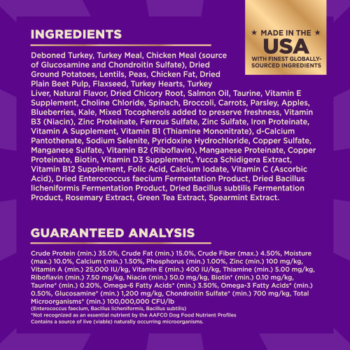 <p>Deboned Turkey, Turkey Meal, Chicken Meal (source of Glucosamine and Chondroitin Sulfate), Dried Ground Potatoes, Lentils, Peas, Chicken Fat, Dried Plain Beet Pulp, Flaxseed, Turkey Liver, Turkey Hearts, Natural Flavor, Dried Chicory Root, Salmon Oil, Taurine, Vitamin E Supplement, Choline Chloride, Spinach, Broccoli, Carrots, Parsley, Apples, Blueberries, Kale, Mixed Tocopherols added to preserve freshness, Vitamin B3 (Niacin), Zinc Proteinate, Ferrous Sulfate, Zinc Sulfate, Iron Proteinate, Vitamin A Supplement, Vitamin B1 (Thiamine Mononitrate), d-Calcium Pantothenate, Sodium Selenite, Pyridoxine Hydrochloride, Copper Sulfate, Manganese Sulfate, Vitamin B2 (Riboflavin), Manganese Proteinate, Copper Proteinate, Biotin, Vitamin D3 Supplement, Yucca Schidigera Extract, Vitamin B12 Supplement, Folic Acid, Calcium Iodate, Vitamin C (Ascorbic Acid), Dried Enterococcus faecium Fermentation Product, Dried Bacillus licheniformis Fermentation Product, Dried Bacillus subtilis Fermentation Product, Rosemary Extract, Green Tea Extract, Spearmint Extract.<br />
This is a naturally preserved product<br />
Manufactured in a facility that also processes grains									</p>
