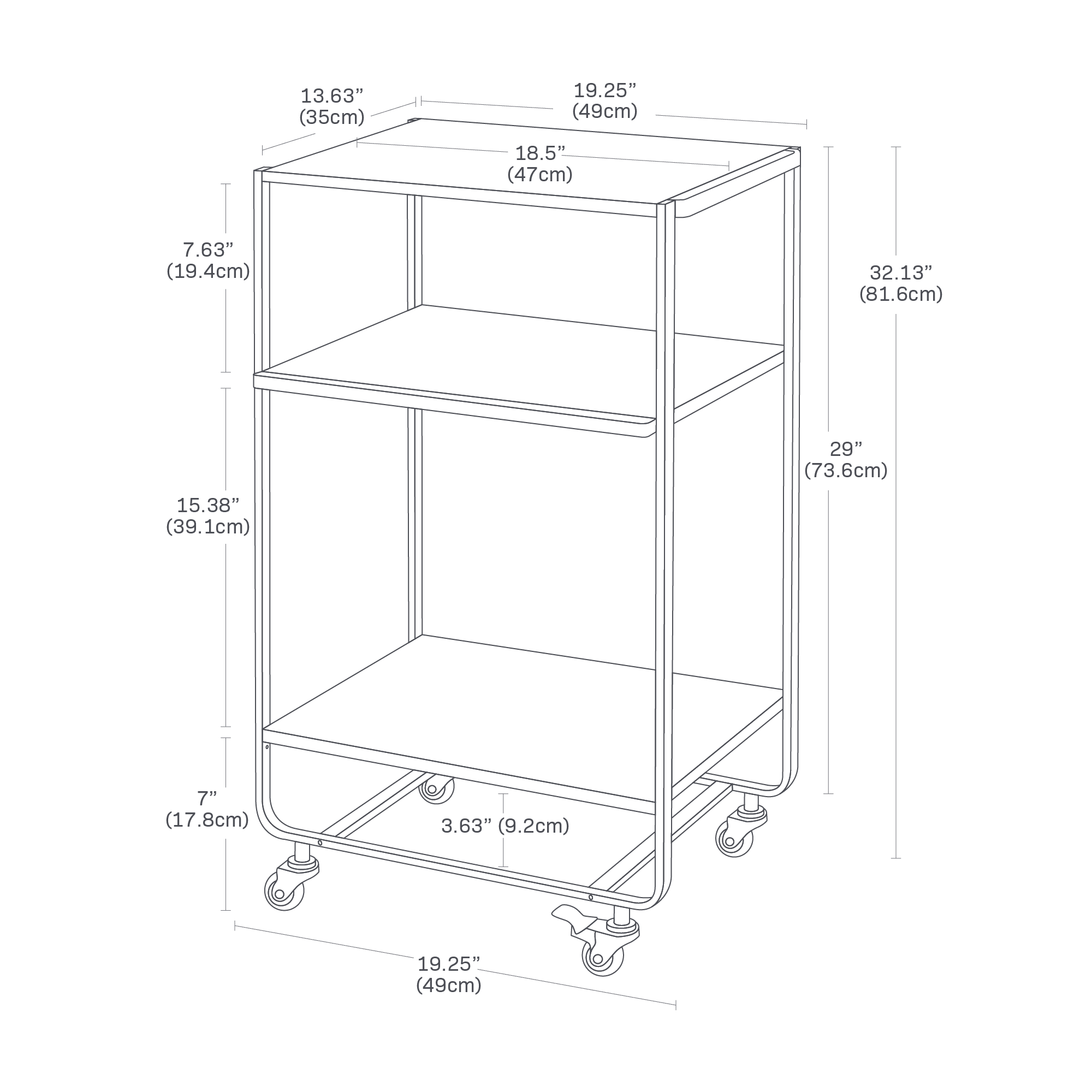 Dimension image for Rolling Utility Carton a white background showinglength of 19.25 inches with a handle, width of 13.63 inches, height of 32.13 inches. The bottom shelf is placed at a height of 7 inches, and the top shelf is spaced 15.38 inches from the bottom shelf. The tabletop measures 18.5 inches by 13.63 inches.