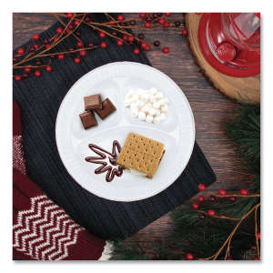 Dart, Quiet Classic Laminated Foam Plates, 3-Compartment Plate, 9" dia, White