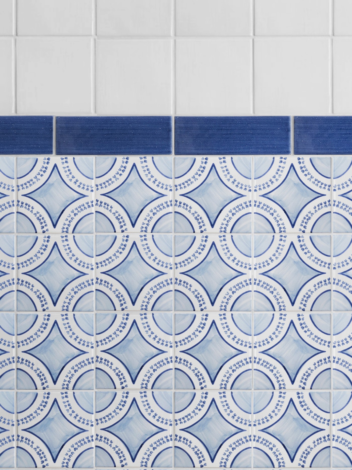 a bathroom with a blue and white tiled wall.