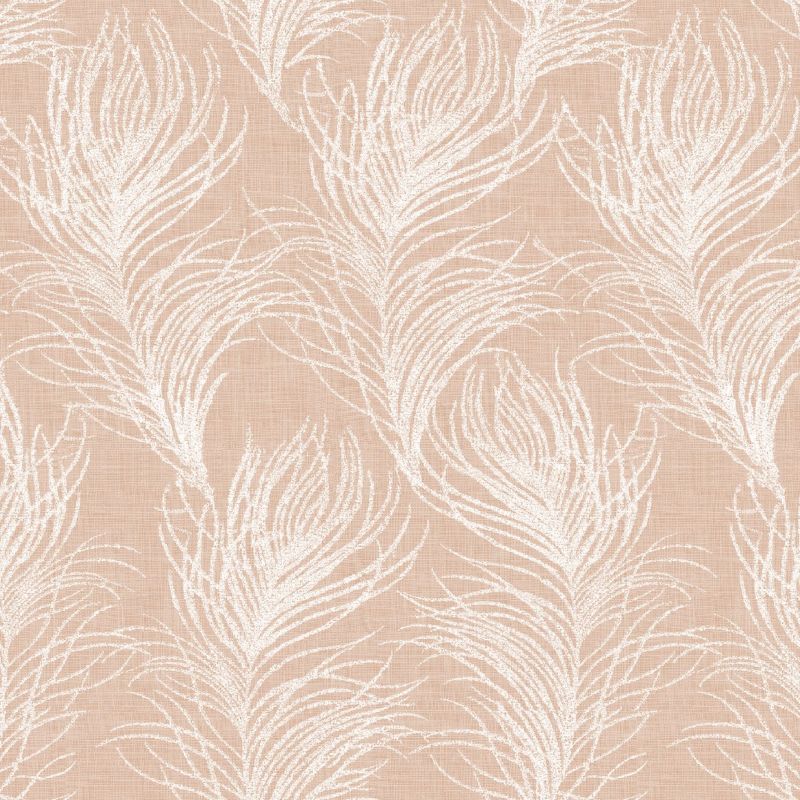 Wallcovering patterned with large white feather-like motifs, repeating across the surface, on a muted peach, linen-textured background in soft, even light.