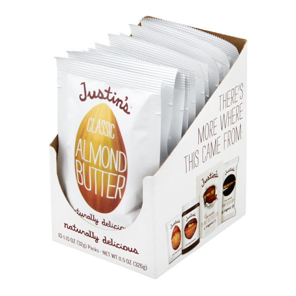 JUSTIN'S (r)Classic Almond Butter 1.15 ounce Squeeze Packs . C1RP - Front Right Pallet/Display (Hi Res)