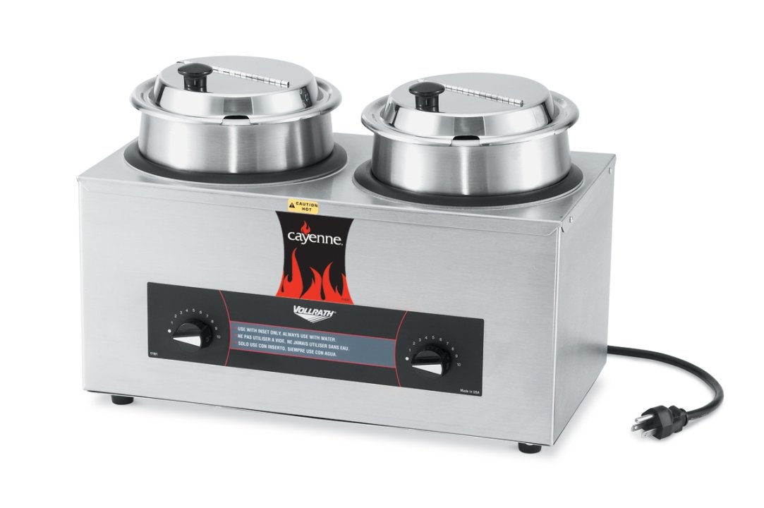 Twin-well 120-volt Cayenne® countertop rethermalizer with two 4-quart insets and two hinge covers