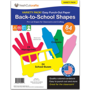 Punch Out Paper Cutouts, Back to School Shapes, Handprints, Crayons & School Bus, 84 Pieces