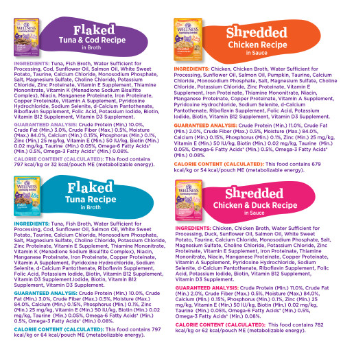 <p>Flaked Tuna Recipe in Broth<br />
Tuna, Fish Broth, Water Sufficient for Processing, Sunflower Oil, Salmon Oil, Pumpkin, Taurine, Calcium Chloride, Monosodium Phosphate, Dried Chicory Root, Salt, Magnesium Sulfate, Choline Chloride, Potassium Chloride, Zinc Proteinate, Vitamin E Supplement, Thiamine Mononitrate, Vitamin K (Menadione Sodium Bisulfite Complex), Niacin, Manganese Proteinate, Iron Proteinate, Copper Proteinate, Vitamin A Supplement, Pyridoxine Hydrochloride, Sodium Selenite, d-Calcium Pantothenate, Riboflavin Supplement, Folic Acid, Potassium Iodide, Biotin, Vitamin B12 Supplement, Vitamin D3 Supplement.									</p>
<p>Flaked Tuna & Cod Recipe in Broth<br />
Tuna, Fish Broth, Water Sufficient for Processing, Cod, Sunflower Oil, Salmon Oil, White Sweet Potato, Taurine, Calcium Chloride, Monosodium Phosphate, Dried Chicory Root, Salt, Magnesium Sulfate, Choline Chloride, Potassium Chloride, Zinc Proteinate, Vitamin E Supplement, Thiamine Mononitrate, Vitamin K (Menadione Sodium Bisulfite Complex), Niacin, Manganese Proteinate, Iron Proteinate, Copper Proteinate, Vitamin A Supplement, Pyridoxine Hydrochloride, Sodium Selenite, d-Calcium Pantothenate, Riboflavin Supplement, Folic Acid, Potassium Iodide, Biotin, Vitamin B12 Supplement, Vitamin D3 Supplement.									</p>
<p>Shredded Chicken Recipe in Sauce<br />
Chicken, Chicken Broth, Water Sufficient for Processing, Sunflower Oil, Salmon Oil, Pumpkin, Taurine, Calcium Chloride, Monosodium Phosphate, Dried Chicory Root, Salt, Magnesium Sulfate, Choline Chloride, Potassium Chloride, Zinc Proteinate, Vitamin E Supplement, Iron Proteinate, Thiamine Mononitrate, Niacin, Manganese Proteinate, Copper Proteinate, Vitamin A Supplement, Pyridoxine Hydrochloride, Sodium Selenite, d-Calcium Pantothenate, Riboflavin Supplement, Folic Acid, Potassium Iodide, Biotin, Vitamin B12 Supplement, Vitamin D3 Supplement.									</p>
<p>Shredded Chicken & Duck Recipe in Sauce<br />
Chicken, Chicken Broth, Water Sufficient for Processing, Duck, Sunflower Oil, Salmon Oil, White Sweet Potato, Taurine, Calcium Chloride, Monosodium Phosphate, Dried Chicory Root, Salt, Magnesium Sulfate, Choline Chloride, Potassium Chloride, Zinc Proteinate, Vitamin E Supplement, Iron Proteinate, Thiamine Mononitrate, Niacin, Manganese Proteinate, Copper Proteinate, Vitamin A Supplement, Pyridoxine Hydrochloride, Sodium Selenite, d-Calcium Pantothenate, Riboflavin Supplement, Folic Acid, Potassium Iodide, Biotin, Vitamin B12 Supplement, Vitamin D3 Supplement.</p>
