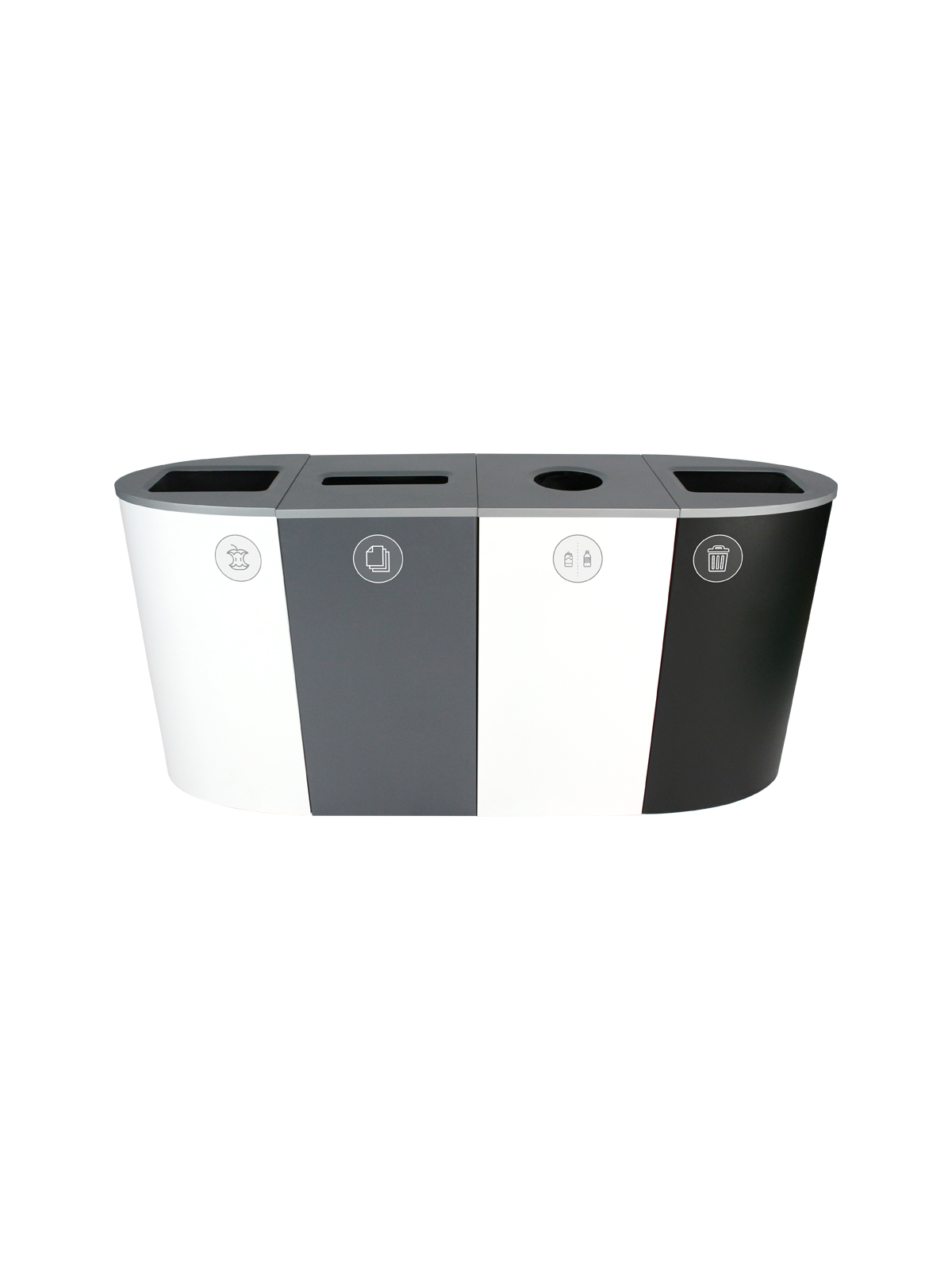 SPECTRUM – Quad – Kit – Organics-Cans & Bottles-Paper-Waste – Full-Circle-Slot-Full – White-White-Grey-Black