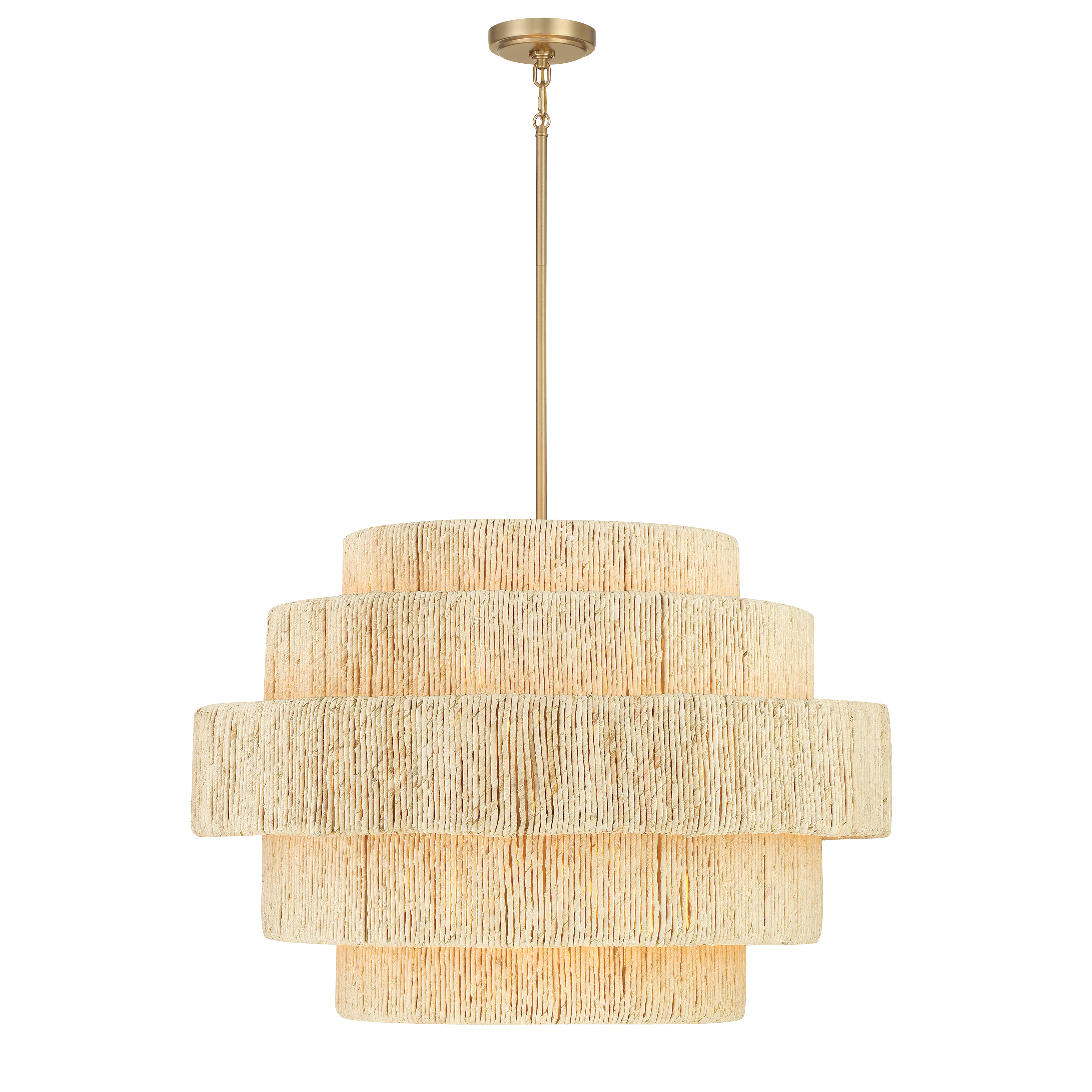 The Caviana pendant blends natural abaca woven texture with signature brass metalwork, creating a statement piece that brings warmth and organic beauty to any space. Its generous 31-inch width makes it perfect for dining areas and kitchen islands. - alternate view