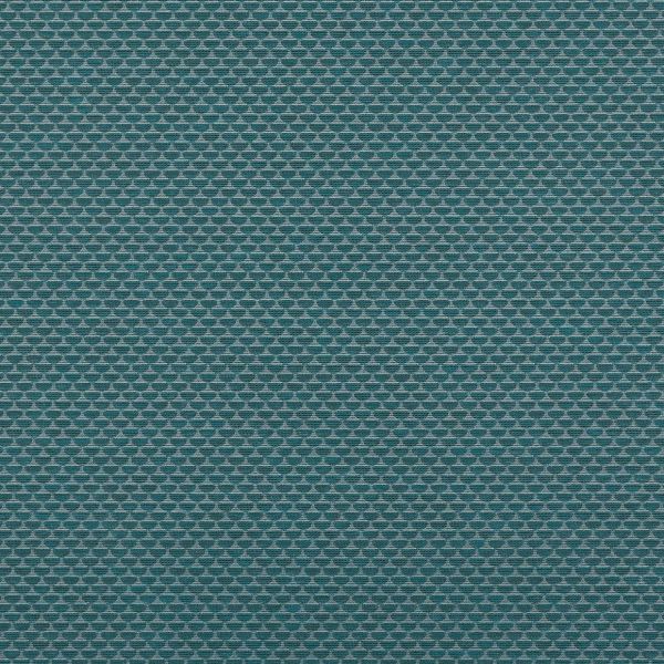 Teal woven fabric with dense small light-gray triangular motifs, lying flat to display a tight weave; close-up view under even neutral lighting, filling the frame.