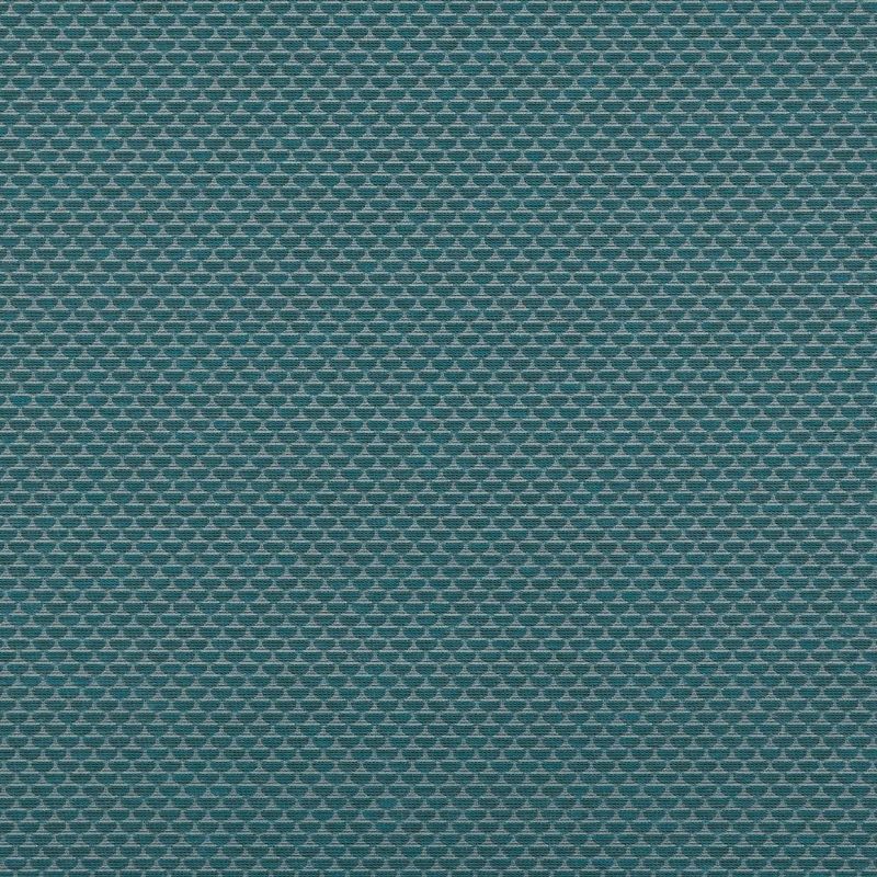 Teal woven fabric with dense small light-gray triangular motifs, lying flat to display a tight weave; close-up view under even neutral lighting, filling the frame.
