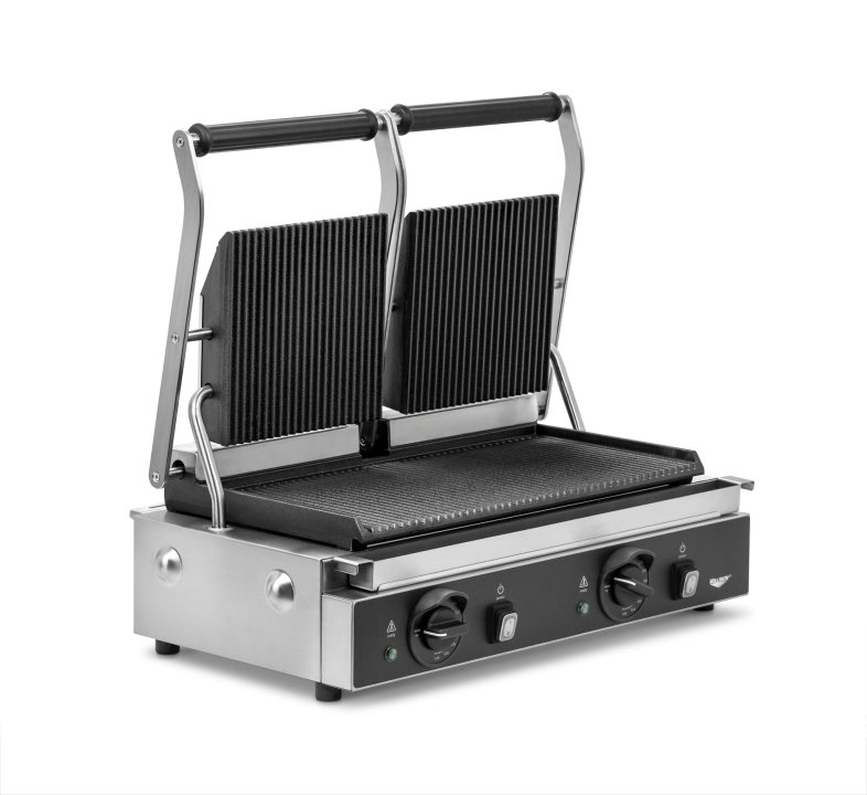 208- to 240-volt double panini sandwich grill with cast-iron grooved plates and NEMA 6-15P Plug