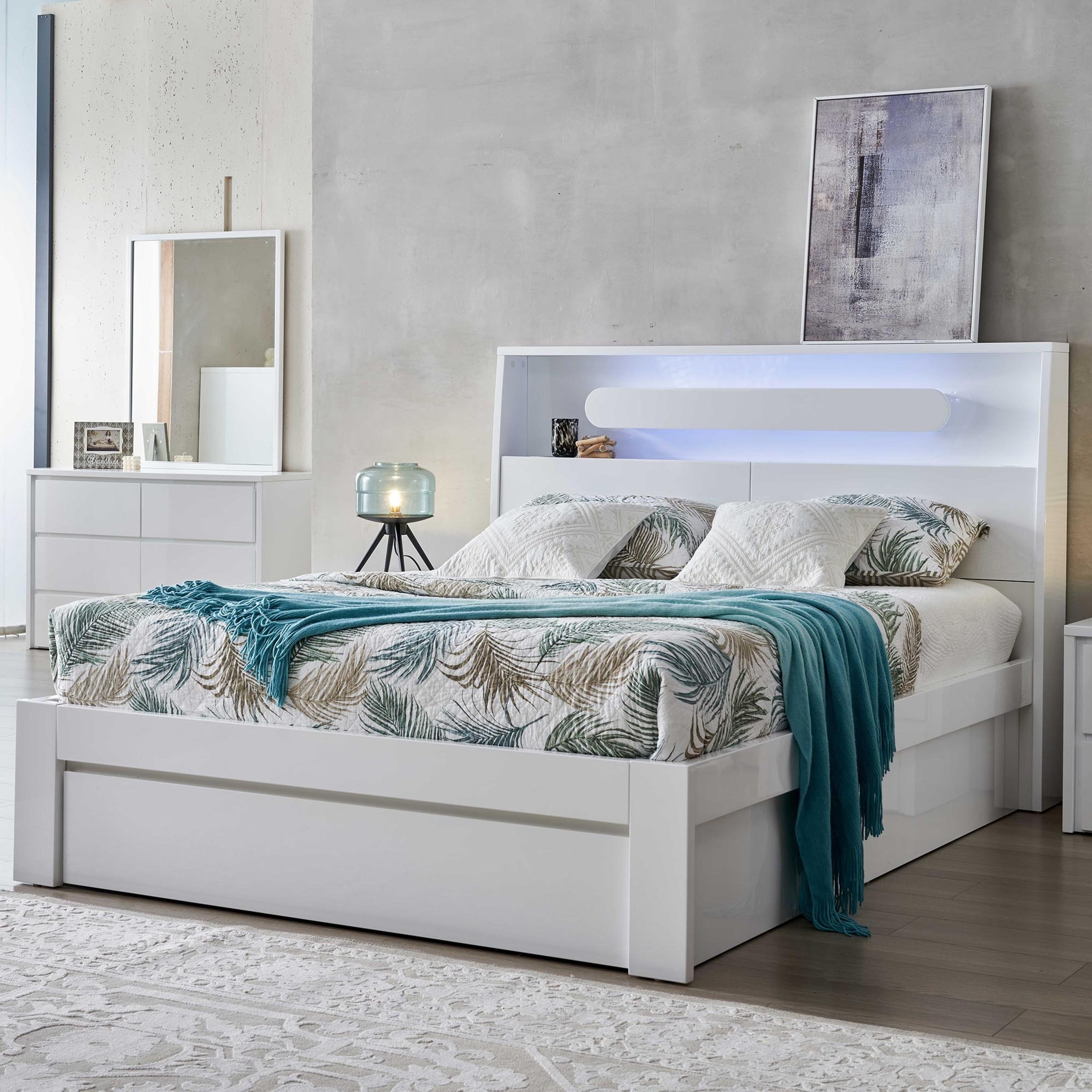 Lifestyle image of the  Nova Bed Frame, Side Board Lift & End Drawer Base, Gloss White from Forty Winks