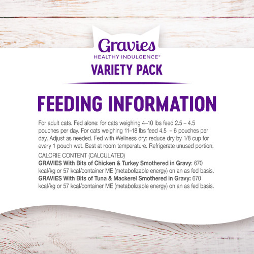 <p>Chicken & Turkey:<br />
For adult cats. Fed alone: for cats weighing 4–10 lbs feed 2.5 – 4.5 pouches per day. For cats weighing 11–18 lbs feed 4.5  – 6 pouches per day. Adjust as needed. Fed with Wellness dry: reduce dry by 1/8 cup for every 1 pouch wet. Best at room temperature. Refrigerate unused portion.</p>
<p>Tuna & Mackerel:<br />
For adult cats. Fed alone: for cats weighing 4–10 lbs feed 2.5 – 4.5 pouches per day. For cats weighing 11–18 lbs feed 4.5 – 6 pouches per day. Adjust as needed. Fed with Wellness dry: reduce dry by 1/8 cup for every 1 pouch wet. Best at room temperature. Refrigerate unused portion.</p>
