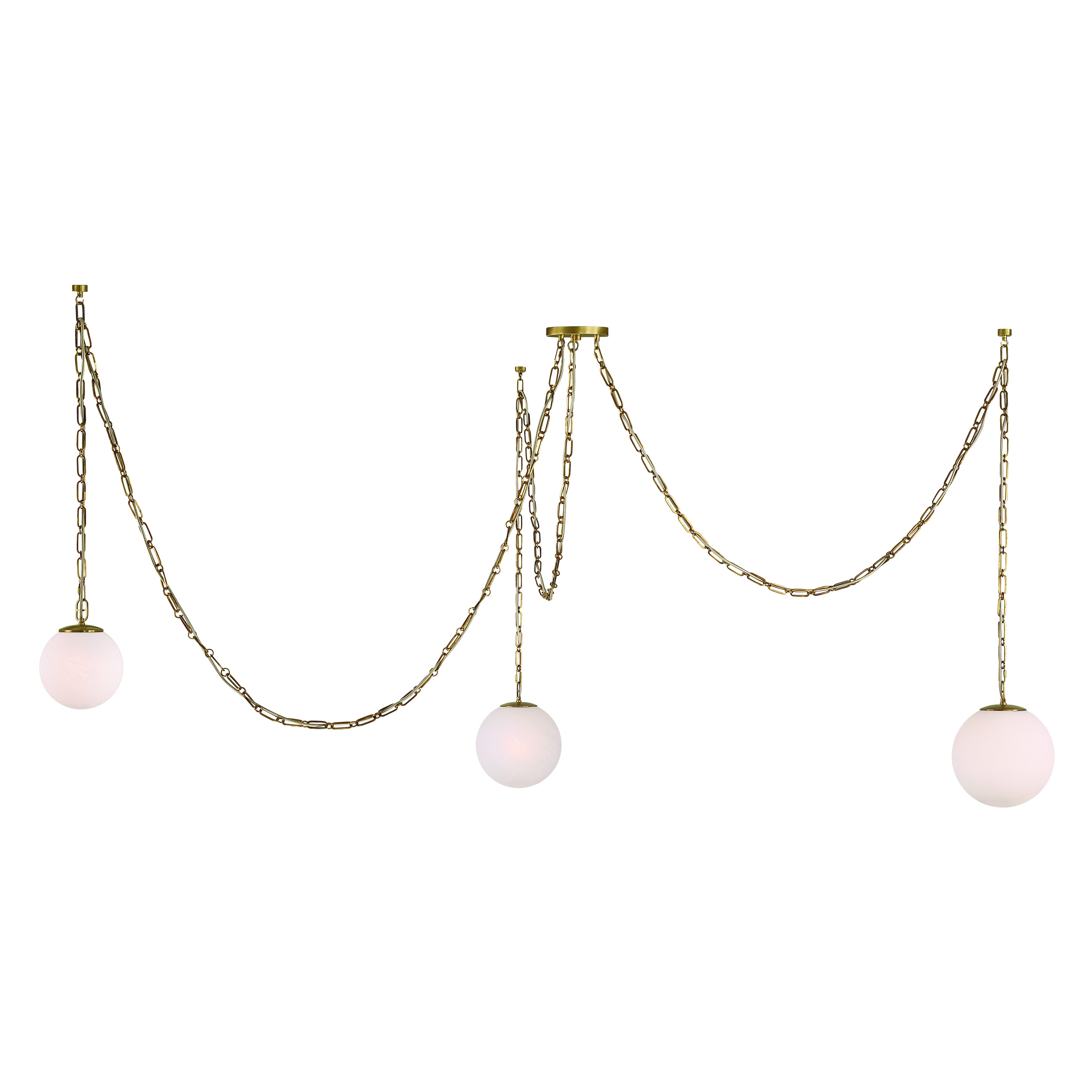The Marbelle 80" pendant makes a dramatic statement over large dining tables and kitchen islands. Its Legacy Brass finish and etched alabaster glass shades create warm, diffused light with transitional elegance. - alternate view
