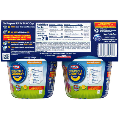 Kraft Macaroni & Cheese Easy Microwavable Dinner Nickelodeon Paw Patrol Pasta, 4 ct Pack 1.9 oz Cups