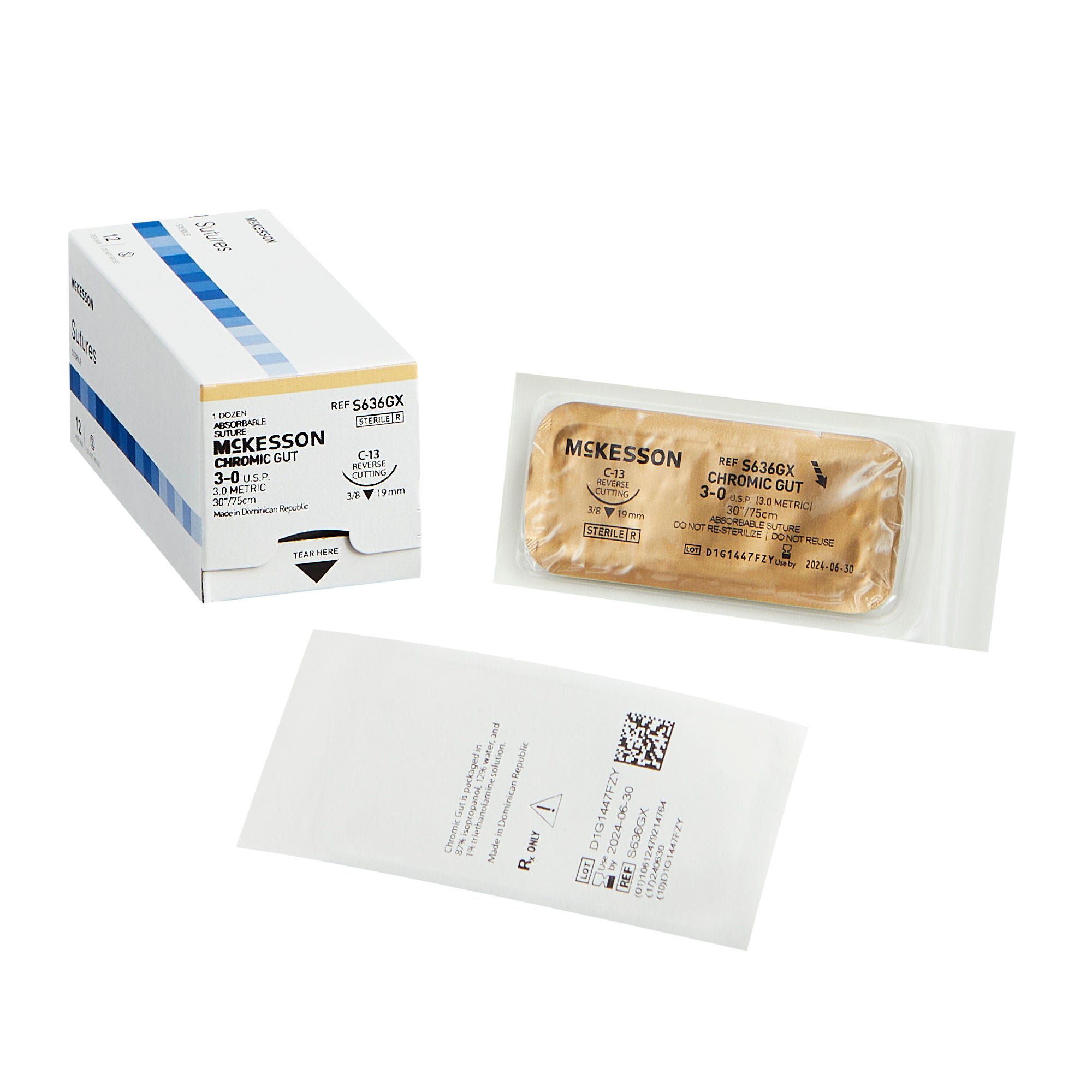 McKesson Chromic Gut Absorbable Suture with C-13 Needle, Size 3-0