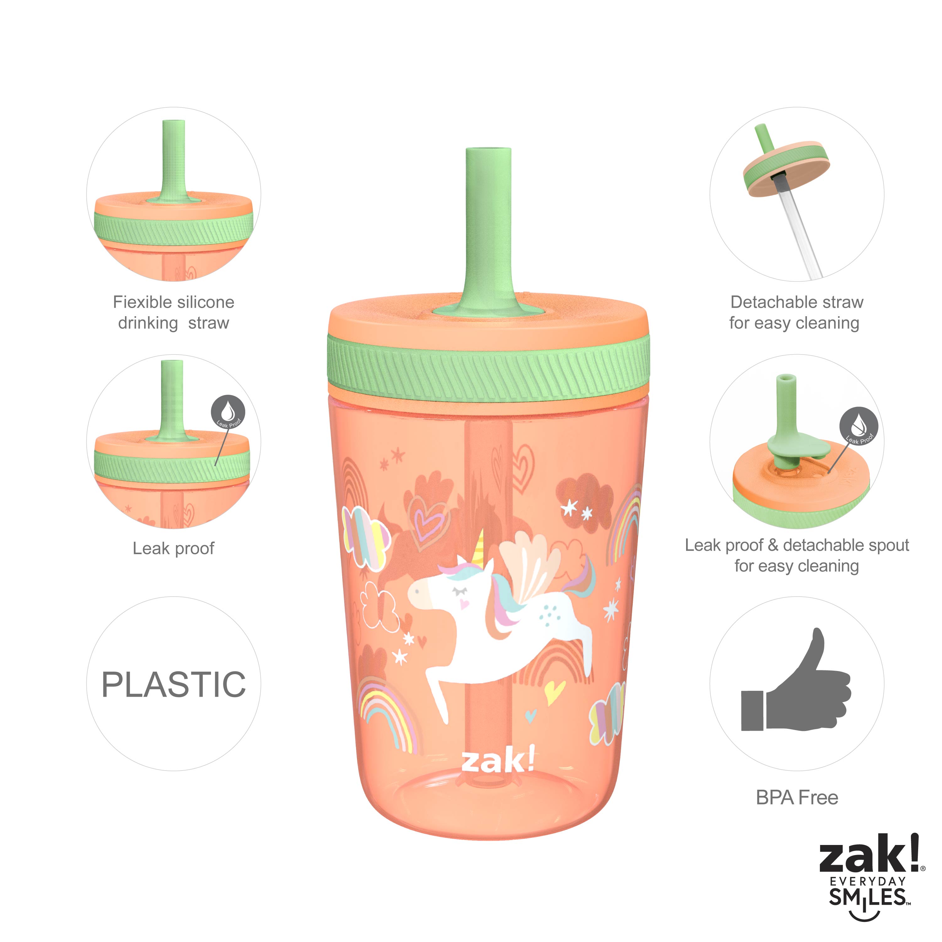 Zak Hydration 15  ounce Plastic Tumbler, Unicorns, 3-piece set slideshow image 8