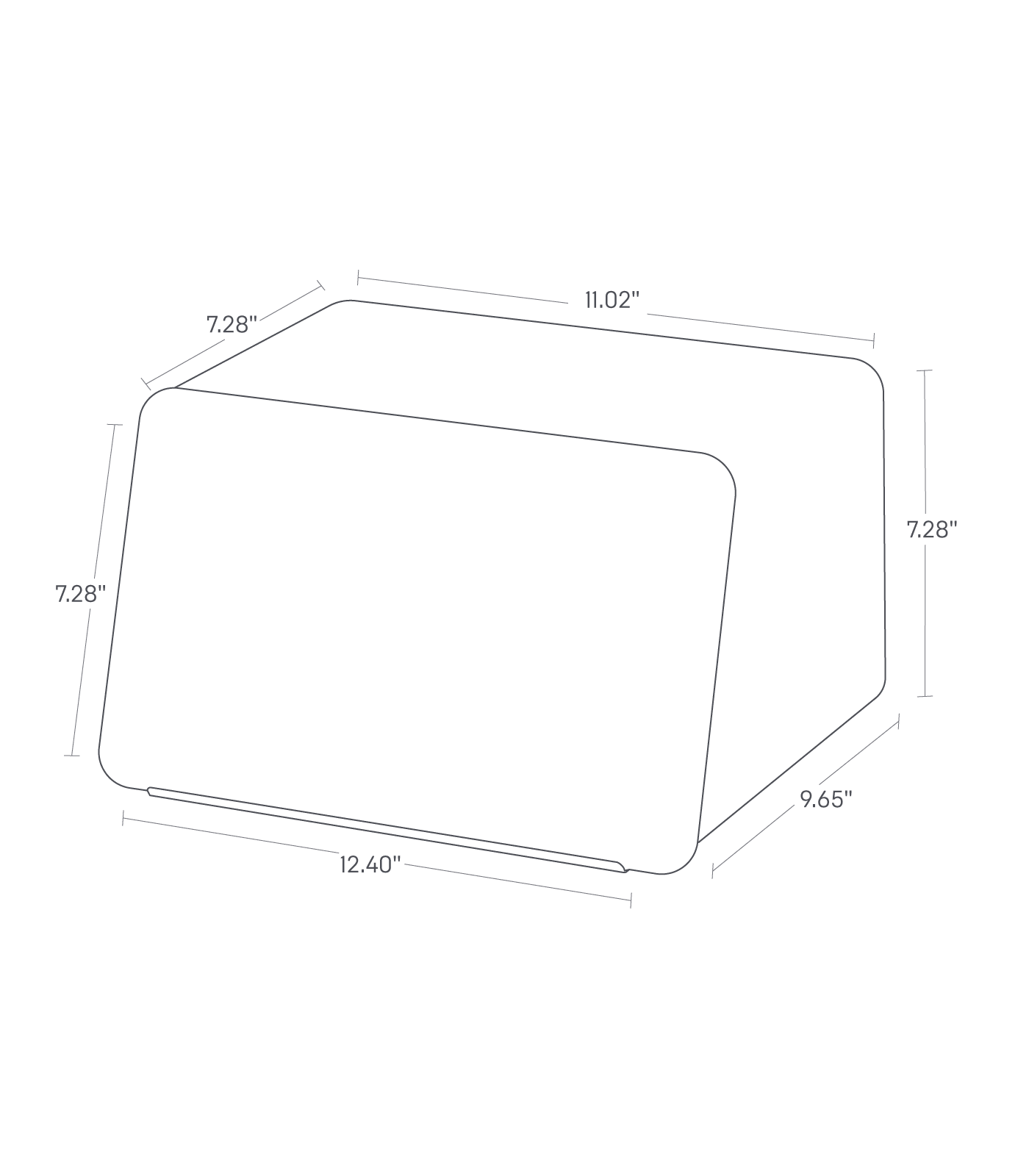 Dimension image for Bread Box with Cutting Board Lidon a white background showinglength of 12.4 inches with a width of 9.65 inches at the bottom, and a length of 11.02 inches with a width of 7.28 inches at the top. The height is 7.28 inches. The cutting board has dimensions with a length of 12.4 inches and a width of 7.27 inches.