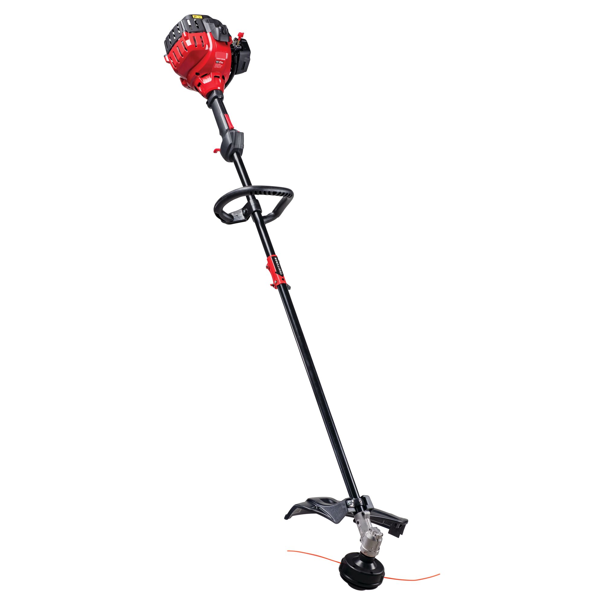Left profile of 17 inch 2 Cycle straight shaft gas weedwacker string trimmer with attachment capability.