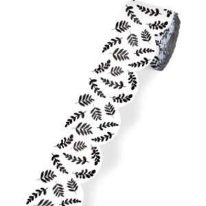 White with Black Leaves Rolled Scalloped Borders, 65 Feet